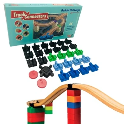 Immagine di TOY2 Set di grandi dimensioni,29 connettori per binari treni giocattolo compatibili con Brio e Lego Duplo,Kit 5 diversi binari,Set in legno sostenibile