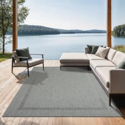 Immagine di the carpet Mistra robusto tappeto per esterni, resistente alle intemperie e ai raggi UV, adatto a balcone, terrazza, giardino d&#039;inverno o cucina sala da pranzo, bordo grigio, 240x340 cm