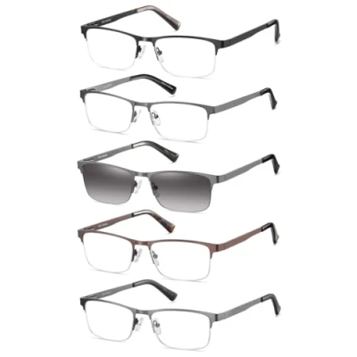 Immagine di Amcedar 5 pack Occhiali da Lettura Uomo Mezza Cornice Stile Acciaio Inossidabile Materiale Metallo Primavera Cerniere Compresi sole +1.75