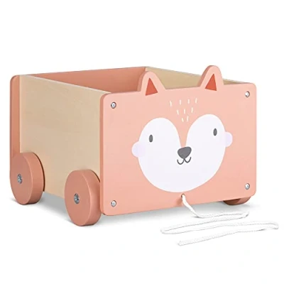 Immagine di Navaris Cesta Portagiochi Bambini con Ruote Contenitore Porta Giocattoli in Legno Toys Box Rettangolare Giochi Bimbi 5,5l Design Volpe