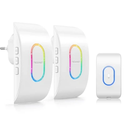 Immagine di TECKNET Campanello Senza Fili, Portata 400m 60 Melodie e 5 Livelli di Volume Indicatori LED de Esterno IP65 Impermeabile Campanelli Wireless (Bianco RGB, 1 Trasmettitore + 2 Ricevitori)
