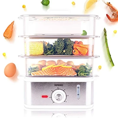Immagine di Duronic FS87 Vaporiera elettrica 870W Capacità totale 10,6 L Serbatoio 1,2 Timer integrato Multi cottura Con 3 Vaschette base in acciaio INOX cestello per riso Bianco