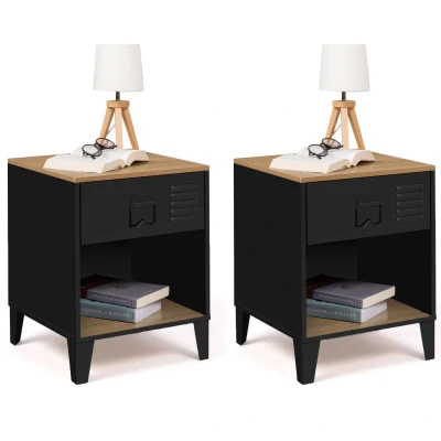 Immagine di IDMarket Set di 2 comodini Ester 1 cassetto in metallo nero con nicchia e vassoio legno faggio Design industriale