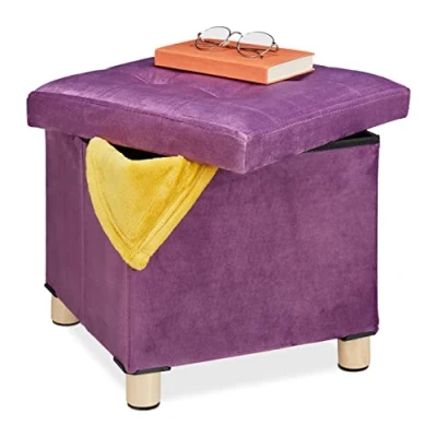 Immagine di Relaxdays Pouf Contenitore con Vassoio Integrato, Sgabello Poggiapiedi Imbottito Portaoggetti, Arredo Multiuso, Malva, Velluto, 1 pz