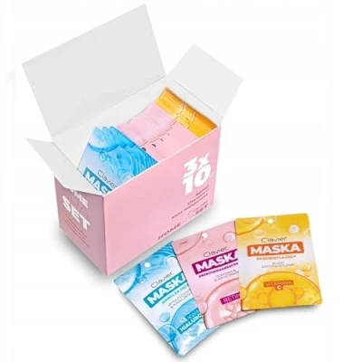 Immagine di il SET di 30 maschere per viso in tessuto Clavier, 25ml. 3x10 Acido ialuronico, Vitamina C, Retinolo