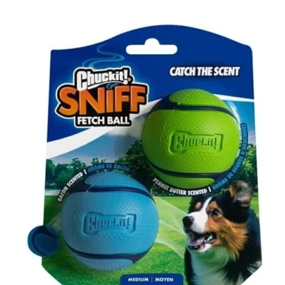 Immagine di Chuckit! Sniff Ball Palla giocattolo per cani, resistente, ad alto rimbalzo, con pancetta e burro di arachidi, in gomma profumata, media, confezione da 2