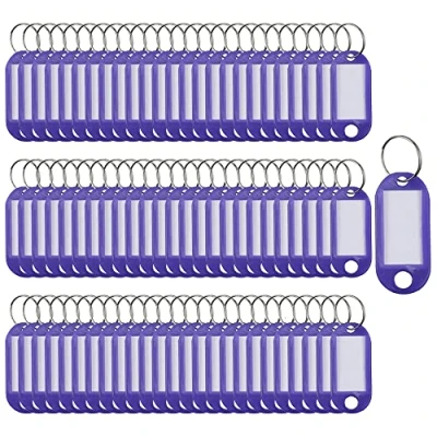 Immagine di 100 etichette portachiavi in plastica per portachiavi, targhette identificative, nome, bagagli, con ad anello diviso, Viola, 5 x 2.2cm