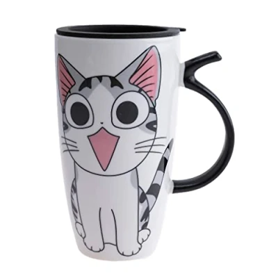 Immagine di lachineuse Tazza gatto Kawaii Happy 600 ml grande XXL bianca in porcellana giapponese per tè e caffè Con coperchio isotermico Lucky Cat idea regalo Giappone Asia