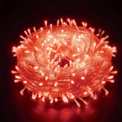 Immagine di AURSTORE ghirlanda luminosa Basa, 8 modalità, 10 m, 100 LED, decorazione romantica per albero di Natale, matrimonio, festa, da interni (filo trasparente, colore: rosso).