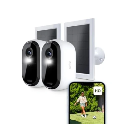 Immagine di Arlo Essential 2 Telecamera WiFi Esterno Senza Fili + Pannello Solare (2), HD, Interno, Sirena Allarme Casa, Sensore Di Movimento, Prova Inclusa Secure, Telecamere, Bianche