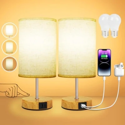 Immagine di Suright Lampada da Comodino Touch Dimmerabile Set di 2, Abat Jour con Porte Ricarica USB A+C, Tavolo Piccola per Camera Letto Soggiorno (Lampadina Inclusa)