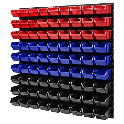 Immagine di PAFEN Scaffalatura da parete impilabile, 772 x 780 mm, 81 pezzi per casse officina, sistema di deposito (rosso/blu/nero)