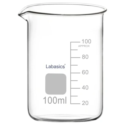 Immagine di Labasics Bicchiere di Vetro, 1 Confezione, Vetro Borosilicato a Forma Bassa Graduato Griffin con Beccuccio Versatore, 100 ml, Resistenza ad Alta Temperatura, Uso in Laboratorio