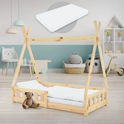 Immagine di ML Design Lettino per Bambini Teepee con Sponde Protezione Anticaduta Rete a Doghe 70 x 140 cm Letto da Gioco in Legno di Pino Massiccio Naturale Materasso Sfoderabile Schiuma Fredda