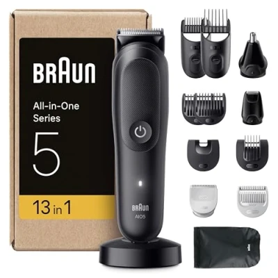Immagine di Braun Rifinitore All in One Series 5, Rasoio Elettrico Barba E Capelli 13In1 Con Lama Ultra Affilata Tecnologia SkinGuard Per Il Corpo, 120 Min Di Autonomia, Impugnatura AquaGrip, AIO5565 Nero