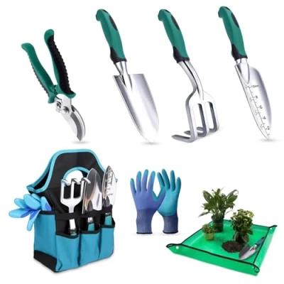 Immagine di Gerbala Set di Attrezzi da Giardinaggio, 7 Pezzi Giardinaggio con Borsa Portaoggetti, Orto per Piante, Robusto, Antiruggine, Donne, Uomini, Amanti del Giardino