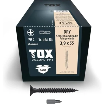 Immagine di TOX viti per cartongesso DRY FG 3,9 x 55 mm, fosfatate nere con testa a tromba + filettatura fine, su sottostruttura metallica, PH2, 500 pezzi, incl. 1x punta, 142453213955