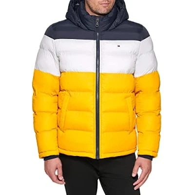 Immagine di Tommy Hilfiger Piumino Classico con Cappuccio Alternativo, Mezzanotte/Ghiaccio/Giallo, XL Uomo
