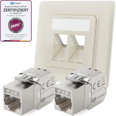 Immagine di hb digital presa di rete a 2 porte CAT 8 da incasso RAL9010 + x GHMT certificato Keystone RJ45 modulo LAN Ethernet max. 40 Gbps STP bianco puro