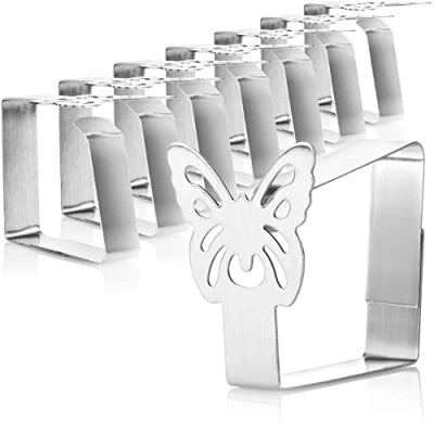 Immagine di COM FOUR® 8x clip per tovaglie premium in acciaio inossidabile porta panni biancheria da tavola interno ed esterno metallo (08 pezzi/farfalla)