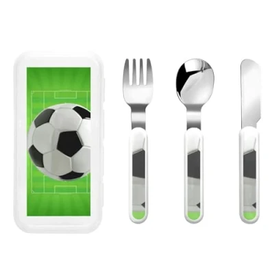 Immagine di Campo da calcio,3 pezzi set di posate per bambini in acciaio inossidabile include 1 forchetta/cucchiaio/coltello