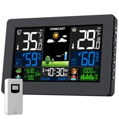 Immagine di Stazione Meteo con Sensore Esterno, Barometro Digitale LCD Wireless a Colori DCF, Sveglia, Fase Lunare, Previsioni Meteo, Retroilluminazione Regolabile