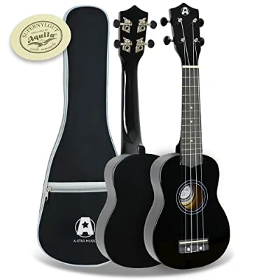Immagine di A Star Ukulele per principianti soprano in nero con corde Aquila Premium, borsa imbottita gratuita