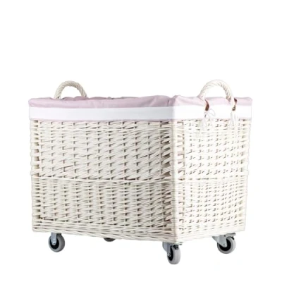 Immagine di e wicker24 Cassapanca portabiancheria rettangolare, cestino in vimini con ruote fodera tessuto, contenitore vimini, cestino, scatola (bianca_rosa), 1249 62/W/O