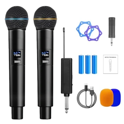 Immagine di Microfono Senza Fili,Microfono Wireless Con Ricevitore Ricaricabile,Sistema Microfonico,Wireless Microphone Per Karaoke,Feste,Riunioni,Chiesa,Matrimonio