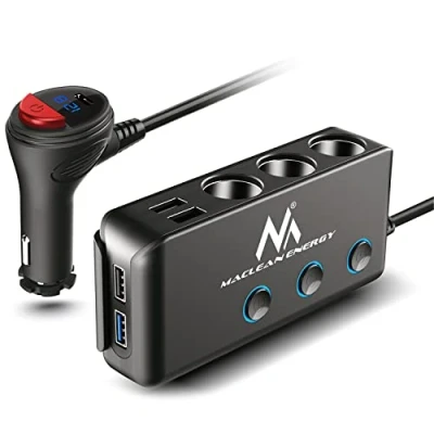 Immagine di Maclean MCE218 3 Way Car Distributor Accendisigari Adattatore 4 Connettori USB LED Voltmetro Max 120W Caricabatterie Potenza 18W