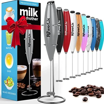 Immagine di PowerLix Frullino Montalatte Elettrico Cappuccino Schiumatore Latte con Supporto in Acciaio Inossidabile, 15 20s, Potente 19000rpm, Manuale per Latte, Cappuccino, Caffè,D&#039;argento