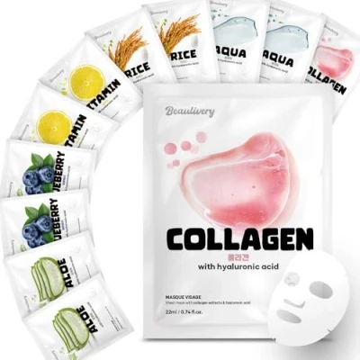 Immagine di BEAULIVERY Maschera Viso 12 Pezzi con Acido Ialuronico 2 Set 6 tipi, Cosmetici Coreani Idratanti