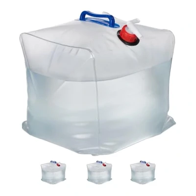 Immagine di Relaxdays Tanica Acqua da Campeggio, 20 L, Pieghevole, Set 4, con Rubinetto, Manici, Serbatoio BPA Free, Trasparente