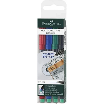 Immagine di Faber Castell 1513 04 Marcatore permanente MULTIMARK, spessore: F, confezione da 4 pezzi, contenuto: 1x ciascuno rosso, blu, verde, nero