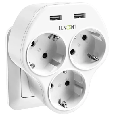 Immagine di LENCENT Multipresa USB Salvaspazio, 4000W Presa a Muro Triangolare, 3 Prese AC e 2 USB, Adattatore Caricatore per Telefono Cellulare iPad, Spina Europa Casa, Cucina, Ufficio, Viaggio, ecc.