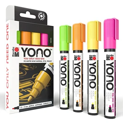 Immagine di Marabu YONO 124000004000 Set di pennarelli neon con 4 colori, versatili penne acriliche punta rotonda giapponese 1,5 3 mm, a base d&#039;acqua, resistenti alla luce e impermeabili, per quasi tutte le superfici