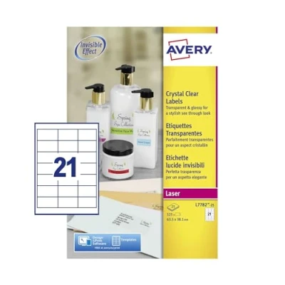 Immagine di Avery L7782 25 Etichette Lucide Invisibili, 21 Pezzi per Foglio, Fogli, 63.5 x 38.1