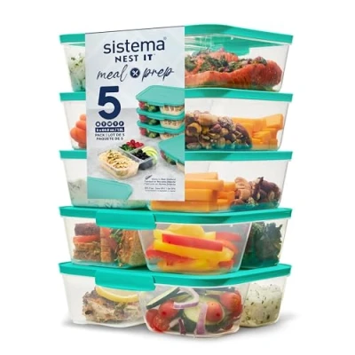 Immagine di Sistema NEST IT Contenitori per preparazione dei pasti 1,9 L ermetici la conservazione di alimenti, con scomparti e coperchi Senza BPA Verde 5 pezzi