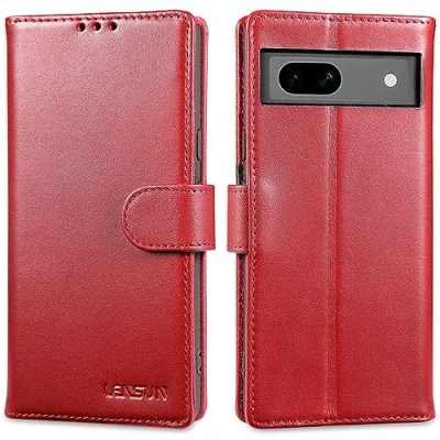 Immagine di Lensun Cover per Google Pixel 7A, Custodia in Vera Pelle [RFID Blocking] Libro con Portafoglio Chiusura Magnetico Flip Custodie Cuoio Telefono 7A Vino Rosso