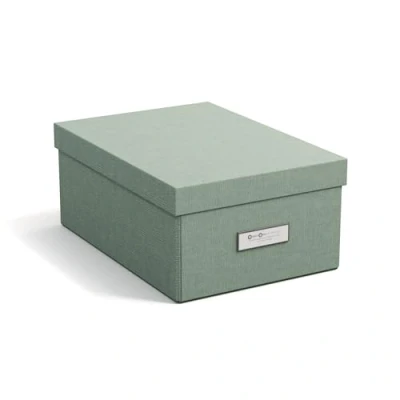Immagine di Bigso Box of Sweden Karin, piccola scatola portaoggetti con coperchio, stabile organizer in fibra e carta effetto lino, pratica pieghevole cornice per etichette maggiore spazio verde