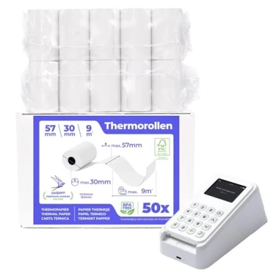 Immagine di SWIPARO Rotoli pos 57mm x 9m 12mm Rotolo di carta termica per ricevute bancomat Rotolini dispositivi 57x30x12 (50 rotoli)