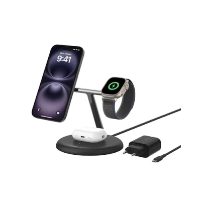 Immagine di Belkin Supporto di ricarica wireless magnetica 3 in 1 con Qi2 (15 W), compatibile MagSafe, caricatore rapido per iPhone 16/15/14/13, AirPods, Apple Watch e altri (alimentatore incluso) Nero