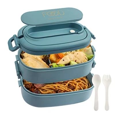 Immagine di OITUGG Lunch Box 2 Strati 1550ml Portapranzo per Adulti ufficio Bento con Scomparti e Posate Contenitori Porta Pranzo Bambini Scuola, Senza BPA, Microonde, 19.2x11.5x12cm, Azzurro