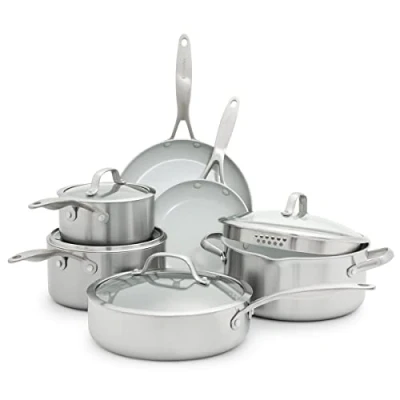 Immagine di GreenPan Venice Pro Tri Ply Set di pentole e padelle 10 pezzi in acciaio inox antiaderente sano ceramico, senza PFAS, multiaderente, a induzione, lavabile lavastoviglie, adatto al forno, argento