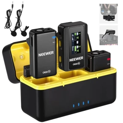 Immagine di NEEWER CM28 Sistema microfono wireless Lavalier con custodia di ricarica, 2 clip per microfono, cancellazione del rumore, 4 GB memoria, 9 ore riproduzione, a spina wireless,