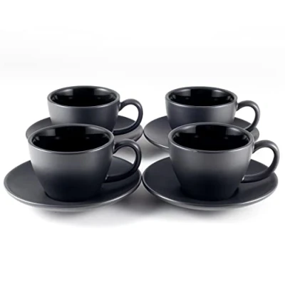 Immagine di Hanseküche 4 tazze da cappuccino in gres (4x 180 ml) caffè con pareti spesse e piattini, lavabili lavastoviglie (nero)