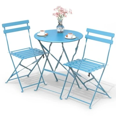 Immagine di VOUNOT Set da Giardino Pieghevole 3 Pezzi, Bistro Tavolo Bistrot con 2 Sedie Balcone, di Mobili 3pz in Acciaio dal Design Moderno, Salvaspazio per Terrazza, Patio, Esterno, Blu