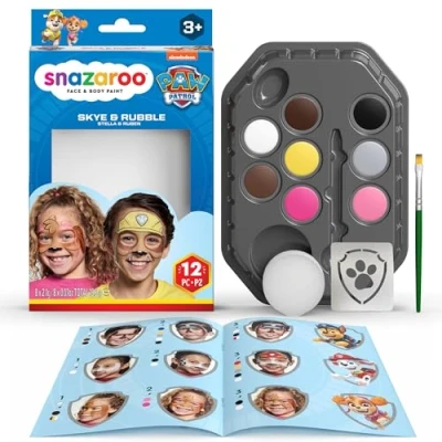 Immagine di Snazaroo Kit Pittura Di Viso PAW Patrol La Squadra Dei Cuccioli Skye &amp; Rubble Per Bambini, 8 Colori, 1 Stencil, Pennello, Spugna, Guida, Colori Trucco A Base D&#039;acqua