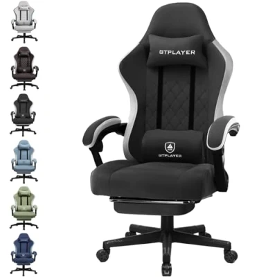 Immagine di GTPLAYER Sedia da gaming, ergonomica, scrivania, con superficie in tessuto, cuscino a molla, braccioli di collegamento e poggiapiedi, Nero