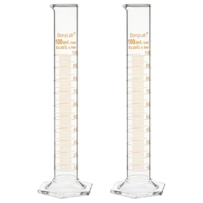 Immagine di stonylab Cilindro Graduato, Confezione da 2 B Grado in Vetro Borosilicato con Base Esagonale Stabile, 100 ml
